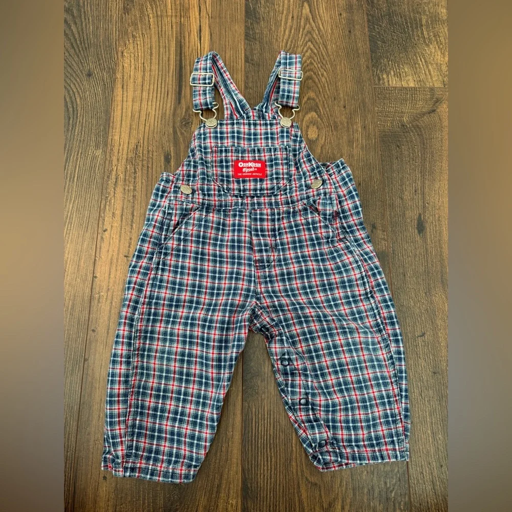 Vintage OshKosh BGosh Red White Blue Plaid Overalls Size 12 Months